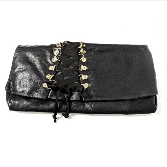 JUNIOR DRAKE Black Leather Corset Clutch Handbag - Picture 1 of 9